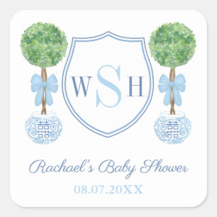 Pegatina Cuadrada Favor de Topiaria de Boj con Cresta de Monograma d