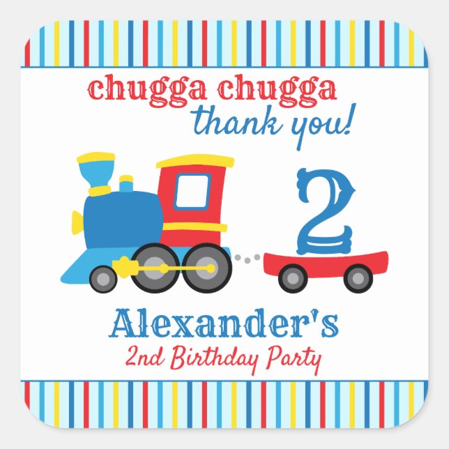 Pegatina Cuadrada Favor del cumpleaños del tren Chugga Chugga (Anverso)