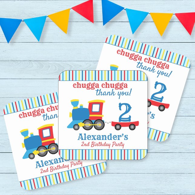 Pegatina Cuadrada Favor del cumpleaños del tren Chugga Chugga (Train stickers for a train birthday party)