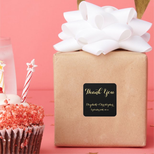 Pegatina Cuadrada Favoritos de agradecimiento de boda en oro negro c (Fiesta)