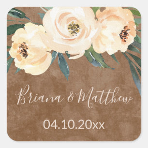 Pegatina Cuadrada Favoritos de boda Floral Beige Blush