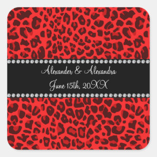 Pegatina Cuadrada Favoritos de bodas con motivos de leopardo rojo
