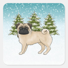Pegatina Cuadrada Fawn Pug Cute Cartoon Dog Snowley Winter Forest