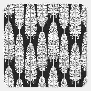Pegatina Cuadrada Feathers boho: patrón blanco y negro