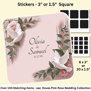Pegatina Cuadrada Fecha + Nombres de Novia y Novio Rosas Rosadas y P