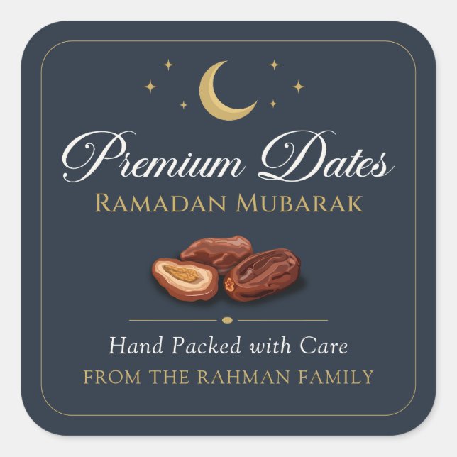 Pegatina Cuadrada Fechas Premium de Ramadan Celestiales Doradas Navy (Anverso)