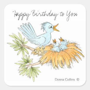 Pegatina Cuadrada Felices Aves Azules de Cumpleaños