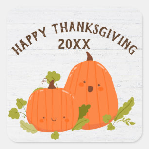 Pegatina Cuadrada Felices Calabazas De Acción De Gracias En Madera P