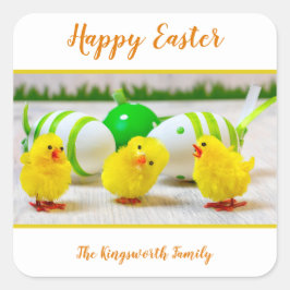 Pegatina Cuadrada Felices chicas de Pascua con huevos personalizados
