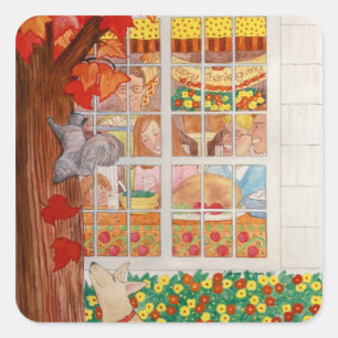 Pegatina Cuadrada Felices Comidas Familiares de Acción de Gracias