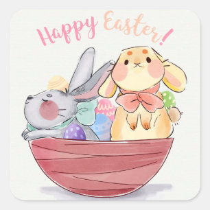 Pegatina Cuadrada Felices conejitos de Pascua