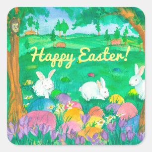 Pegatina Cuadrada Felices Conejos de Pascua