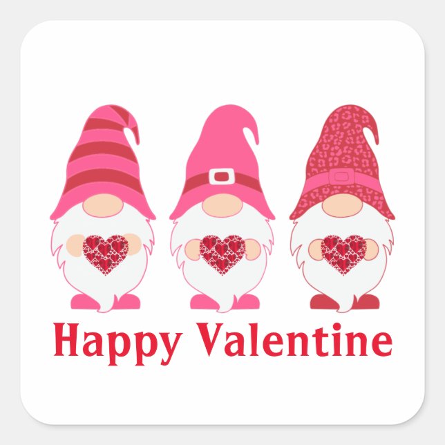 Pegatina Cuadrada Felices corazones de Valentine Gnomes (Anverso)