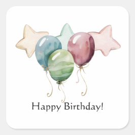Pegatina Cuadrada Felices Estrellas de Cumpleaños y Globos