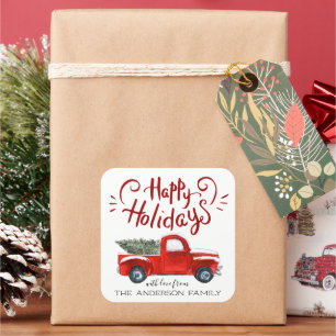 Pegatina Cuadrada Felices Fiestas   Camión Rojo Vintage de Navidad