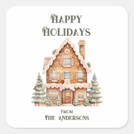 Pegatina Cuadrada Felices Fiestas Casa Acuarela Personalizada 