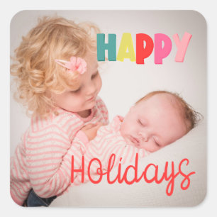 Pegatina Cuadrada Felices fiestas con Navidades de fotos saludando