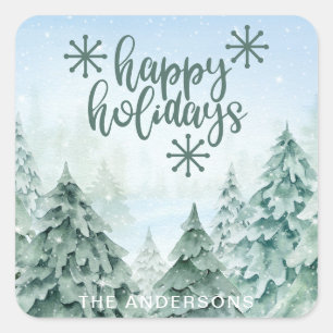 Pegatina Cuadrada Felices Fiestas de Árboles Recubiertos de Nieve