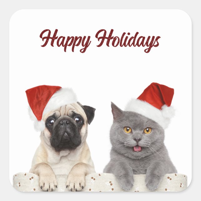 Pegatina Cuadrada Felices Fiestas De Navidad Para Gatos Y Perros (Anverso)