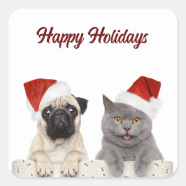 Pegatina Cuadrada Felices Fiestas De Navidad Para Gatos Y Perros