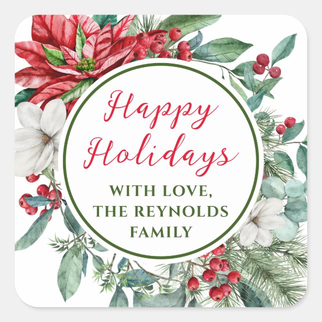 Pegatina Cuadrada Felices Fiestas Favor Floral de Poinsettia (Anverso)