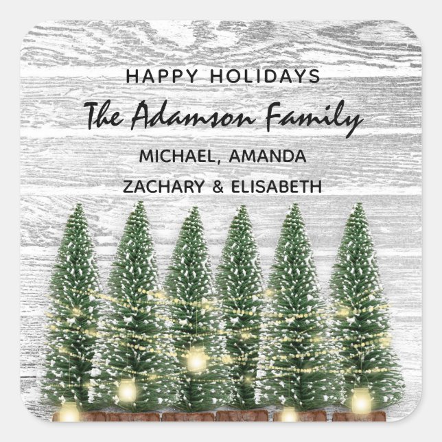Pegatina Cuadrada Felices Fiestas Feliz Árbol de Navidad Rústico (Anverso)