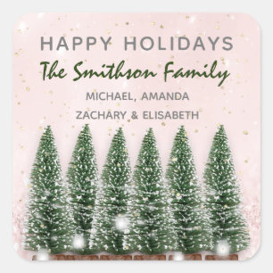 Pegatina Cuadrada Felices Fiestas Feliz Navidad Árboles Luces Rosa