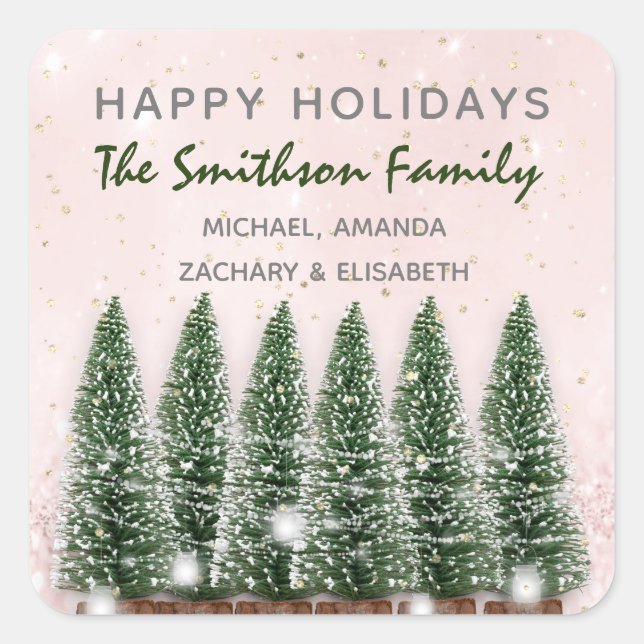 Pegatina Cuadrada Felices Fiestas Feliz Navidad Árboles Luces Rosa (Anverso)