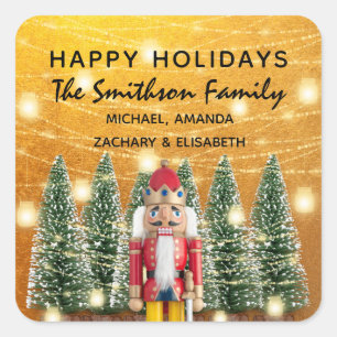 Pegatina Cuadrada Felices fiestas Feliz Navidad Árboles nombre oro