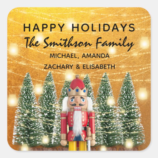 Pegatina Cuadrada Felices fiestas Feliz Navidad Árboles nombre oro (Anverso)