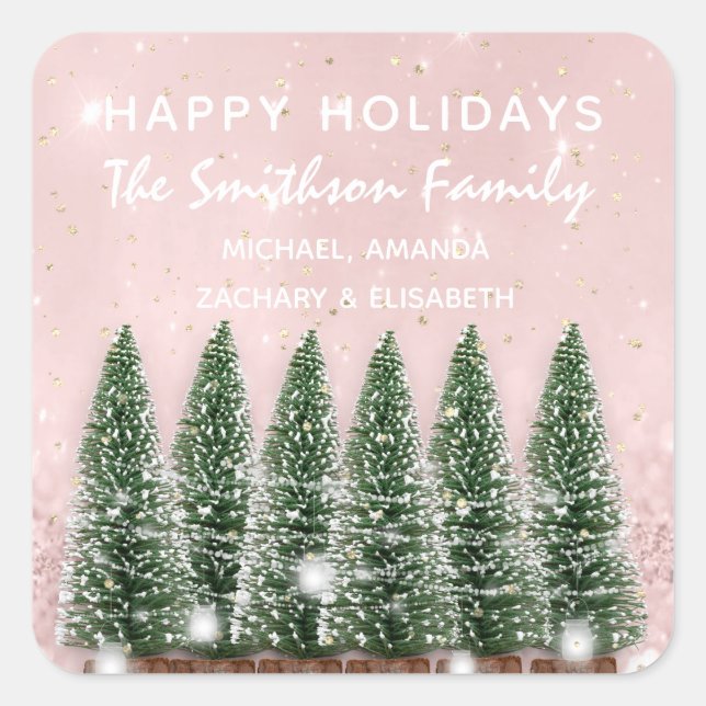 Pegatina Cuadrada Felices fiestas Feliz Navidad Árboles nombre rosad (Anverso)