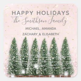 Pegatina Cuadrada Felices Fiestas Feliz Navidad Árboles Oro Rosa