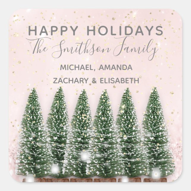 Pegatina Cuadrada Felices Fiestas Feliz Navidad Árboles Oro Rosa (Anverso)
