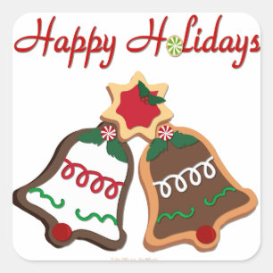 Pegatina Cuadrada Felices Fiestas Galletas de Navidad Campanas
