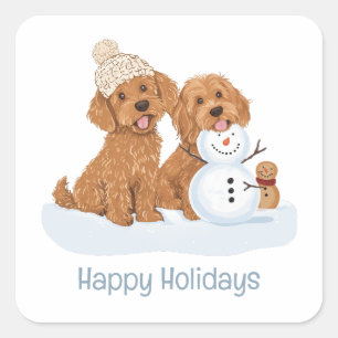 Pegatina Cuadrada Felices Fiestas Goldendoodle Perro Muñeco de Nieve