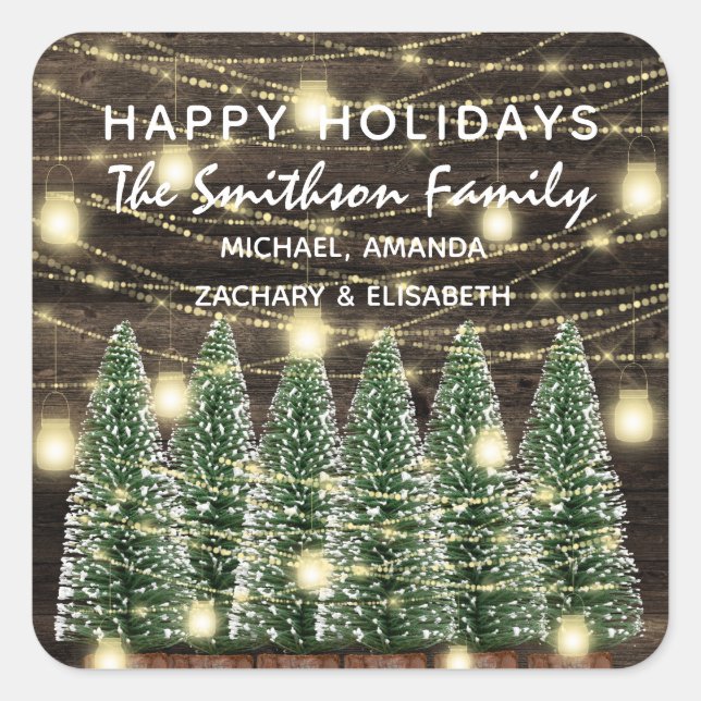 Pegatina Cuadrada Felices Fiestas Los Árboles de Navidad Nombran Rús (Anverso)