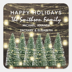 Pegatina Cuadrada Felices Fiestas Los Árboles de Navidad Nombran Rús