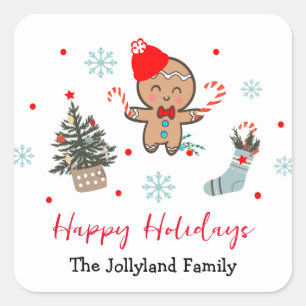Pegatina Cuadrada Felices fiestas Naturaleza pinos Gingerbread hombr