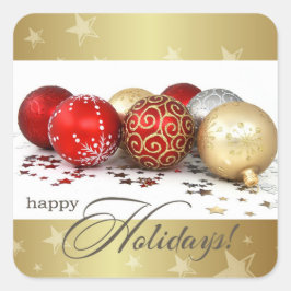 Pegatina Cuadrada Felices Fiestas. Navidades de Red Gold Baubles