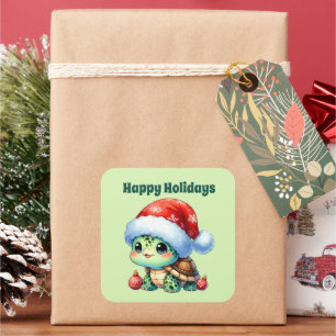 Pegatina Cuadrada Felices fiestas, Navidades de tortugas