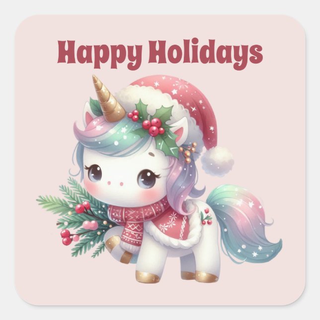 Pegatina Cuadrada Felices fiestas Navidades unicornios (Anverso)