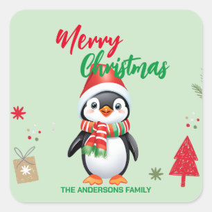 Pegatina Cuadrada Felices fiestas navideñas en el pingüino de Santa 