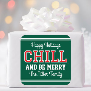 Pegatina Cuadrada Felices Fiestas Nombre Familia Fun Retro Verde Roj