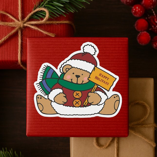 Pegatina Cuadrada Felices Fiestas Oso de Navidad (Subido por el creador)