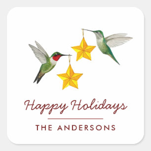 Pegatina Cuadrada Felices Fiestas Personalizadas Colibríes de Gargan