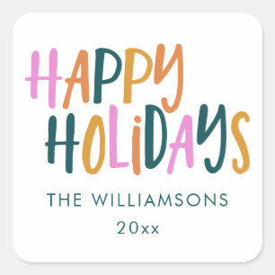 Pegatina Cuadrada Felices Fiestas Tipografía Personalizada Colorida