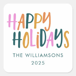 Pegatina Cuadrada Felices Fiestas Tipografía Personalizada Colorida
