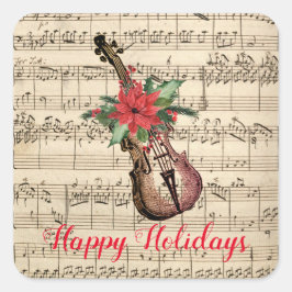 Pegatina Cuadrada Felices fiestas Vintage Violín y Música de Hoja