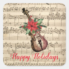 Pegatina Cuadrada Felices fiestas Vintage Violín y Música de Hoja
