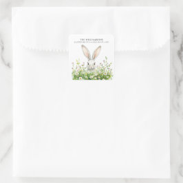Pegatina Cuadrada Felices Floraciones de Conejo Blanco de Pascua Per